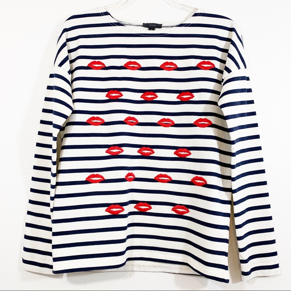 J Crew embroidered lips striped shirt